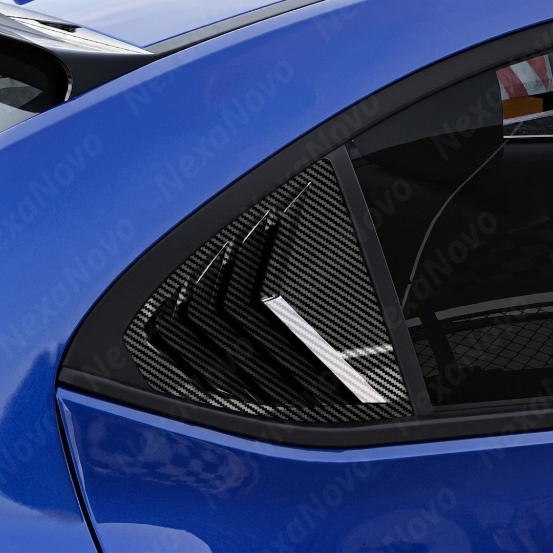 Aggressive carbon print rear side window louvers installed on a 2025 Subaru WRX tS