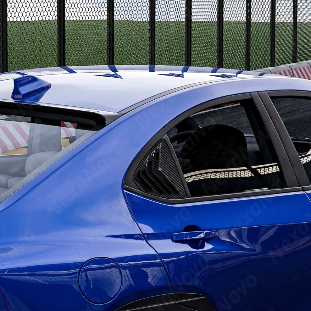 Side perspective highlighting the aerodynamic profile of the carbon print rear quarter trim
