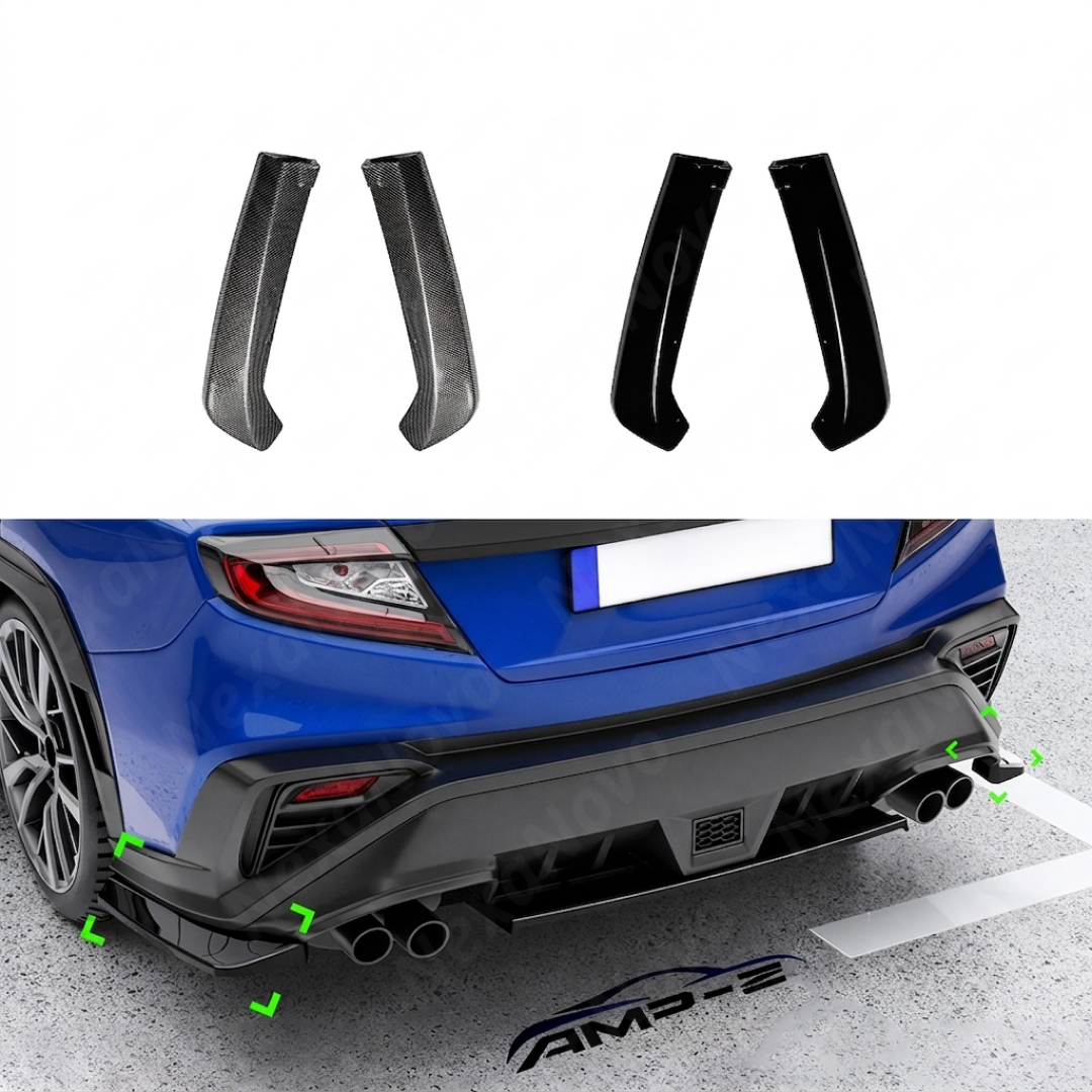 Pair of gloss black rear bumper spat aprons installed on a 2022 Subaru WRX VB