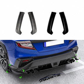 Pair of gloss black rear bumper spat aprons installed on a 2022 Subaru WRX VB