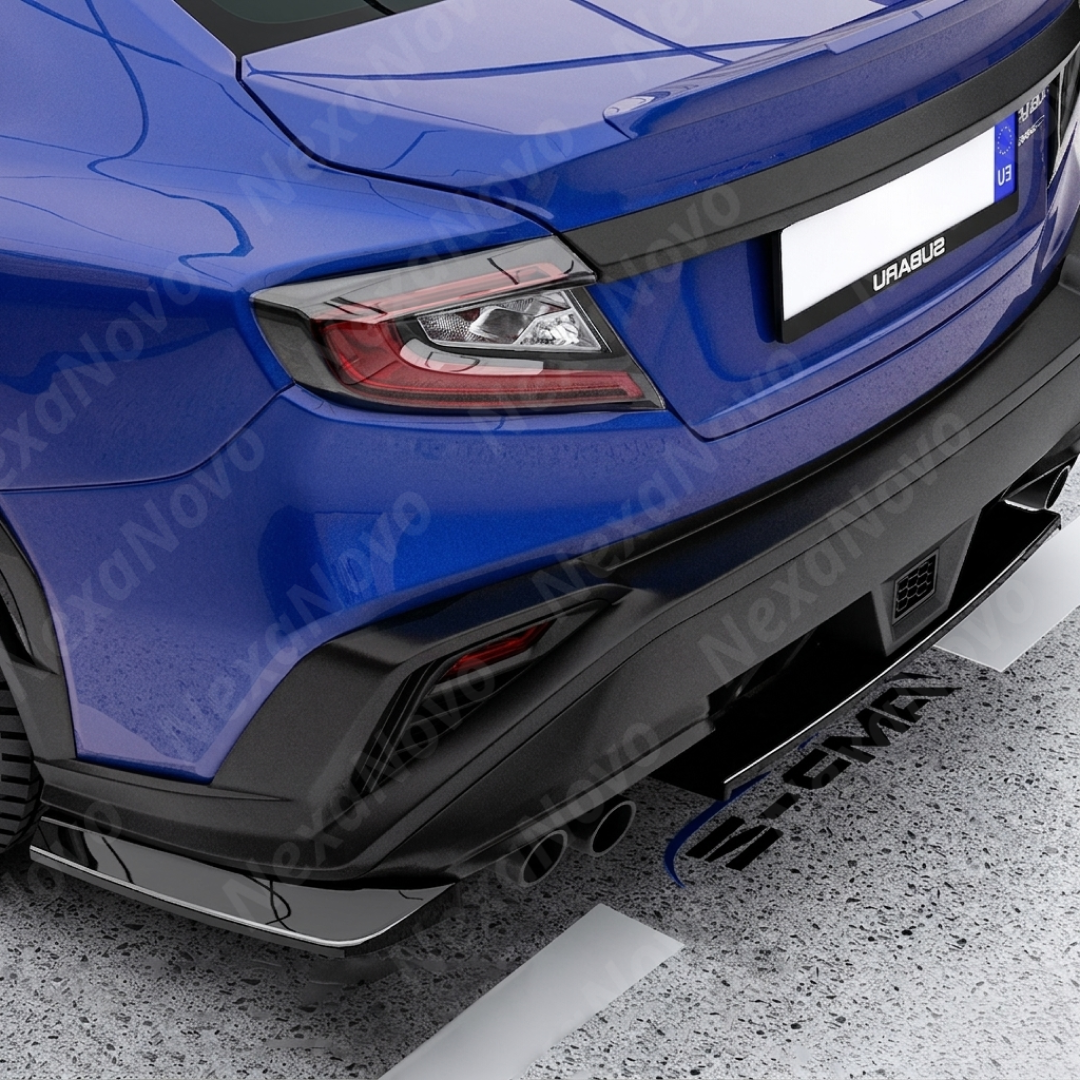 Direct side profile of the gloss black rear bumper side splitters for 2022-2026 Subaru WRX