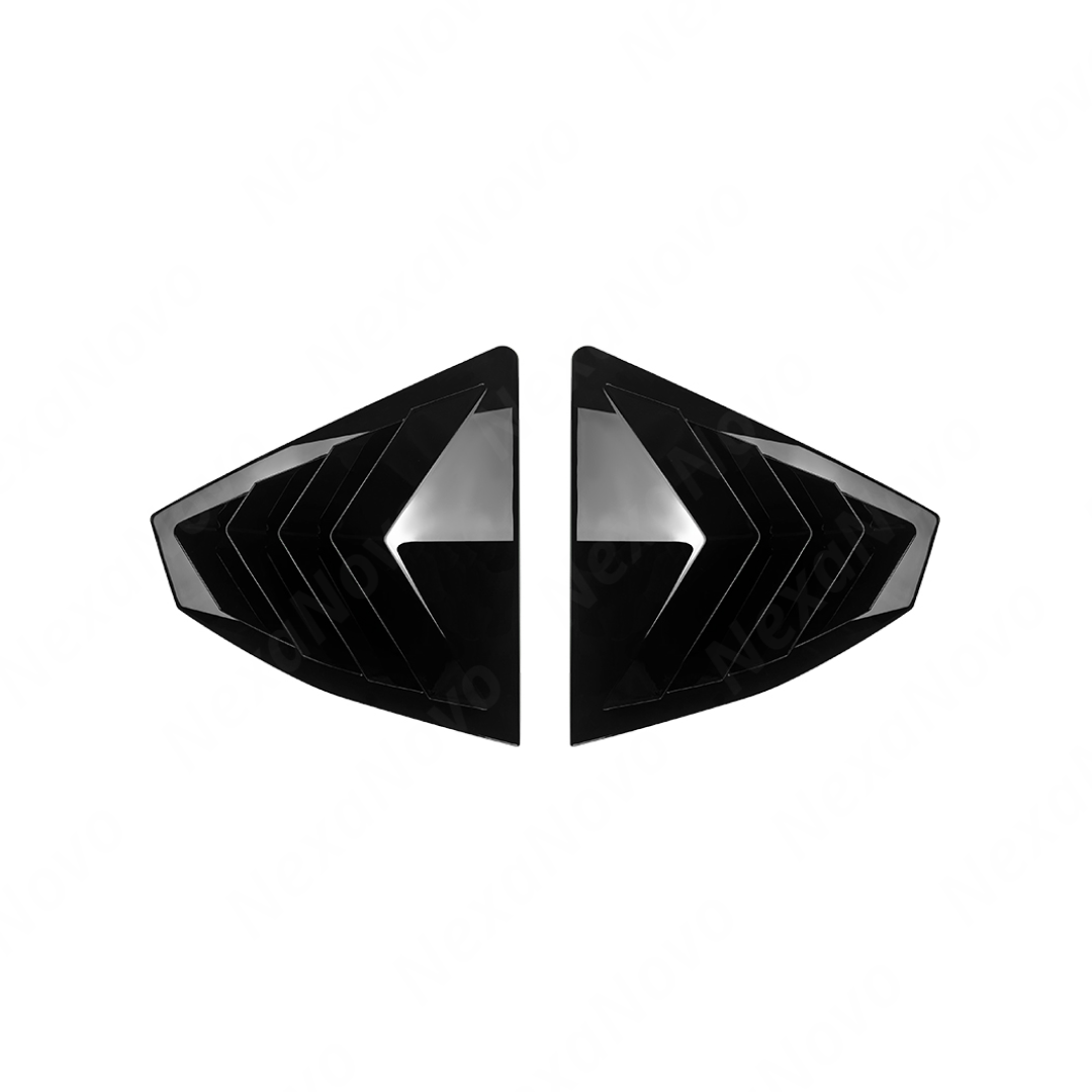 Close-up of the aggressive triple-slat vent design on the VB WRX gloss black louvers