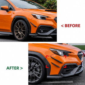 Split image comparing the stock VB headlight look vs. the aggressive eyelid-equipped WRX