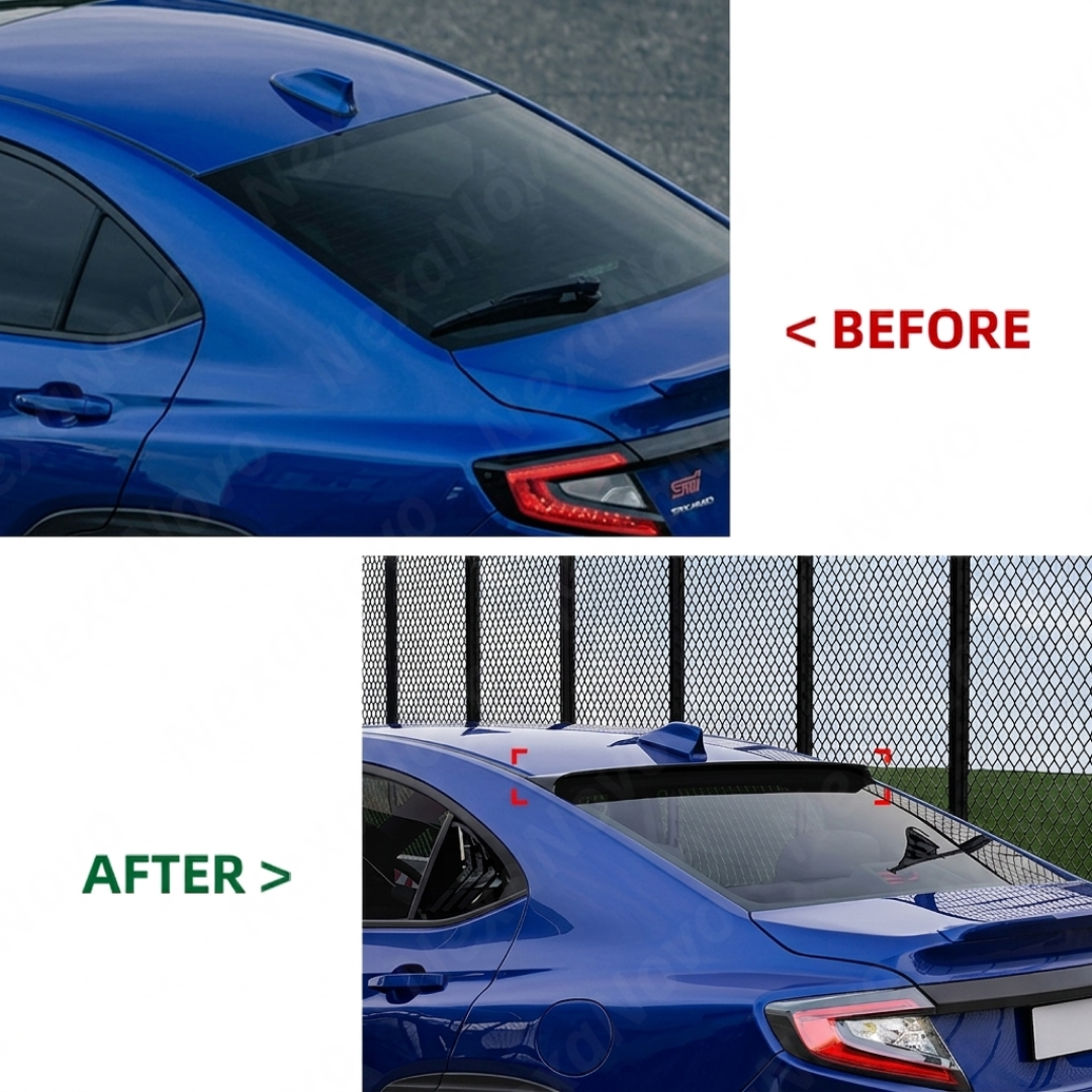 The completed high-performance look of a Subaru VB with a rear window visor and matching trunk spoiler