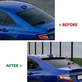 The completed high-performance look of a Subaru VB with a rear window visor and matching trunk spoiler