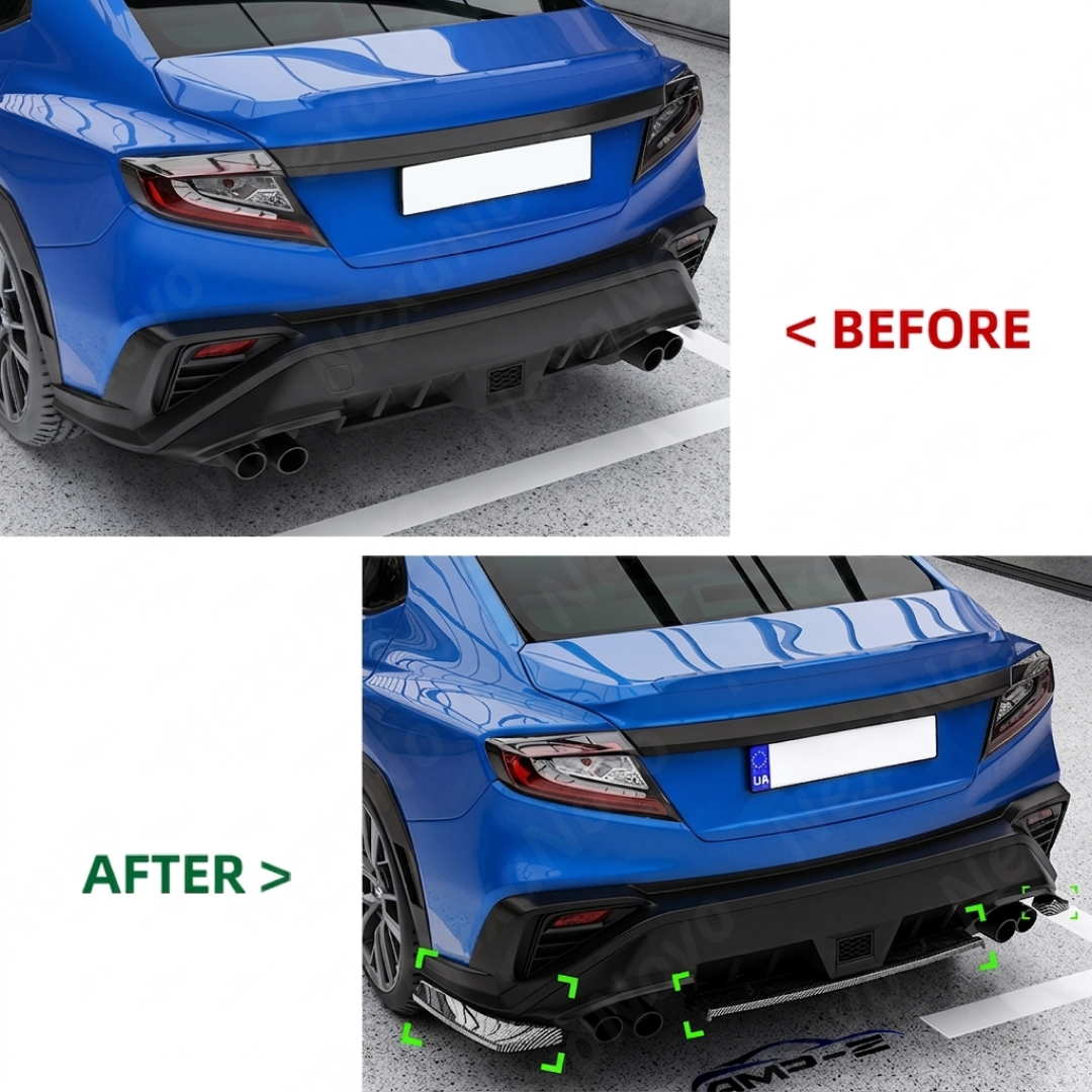 Visual comparison of the stock VB bumper vs. the aggressive STI style upgrade