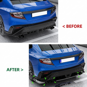 Visual comparison of the stock VB bumper vs. the aggressive STI style upgrade