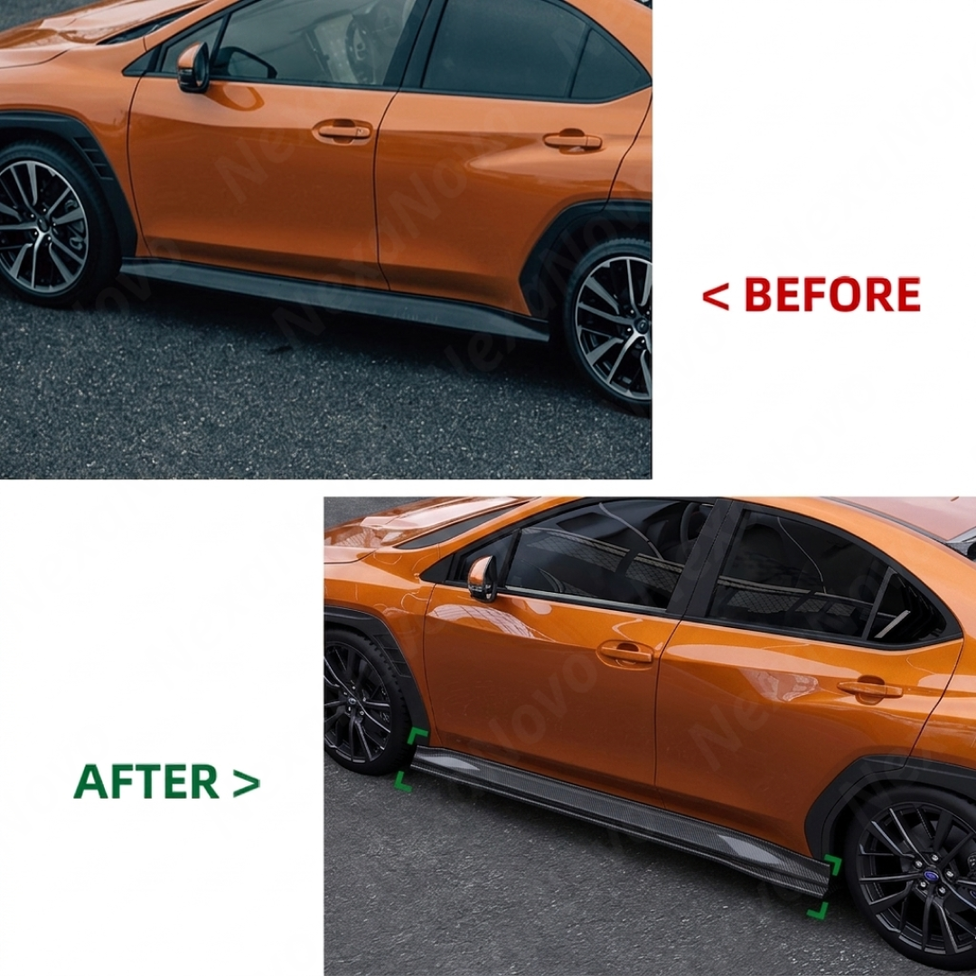 Visual comparison of the stock VB rocker panel vs. the aggressive STI style side extension upgrade