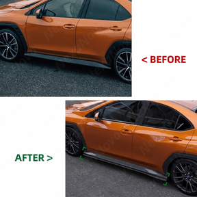 Visual comparison of the stock VB rocker panel vs. the aggressive STI style side extension upgrade