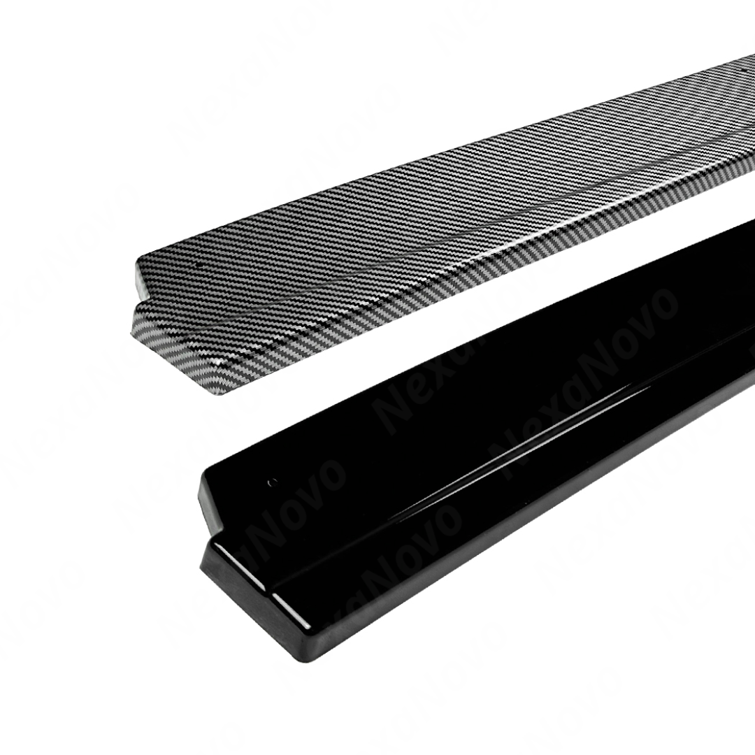 Visual comparison between gloss black and carbon print STI style side skirt extensions