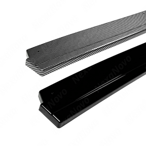 Visual comparison between gloss black and carbon print STI style side skirt extensions