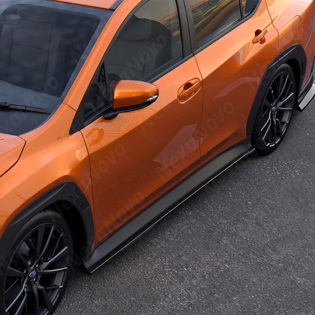 The completed high-performance profile of a Subaru VB with matching side skirts, front lip, and rear spats