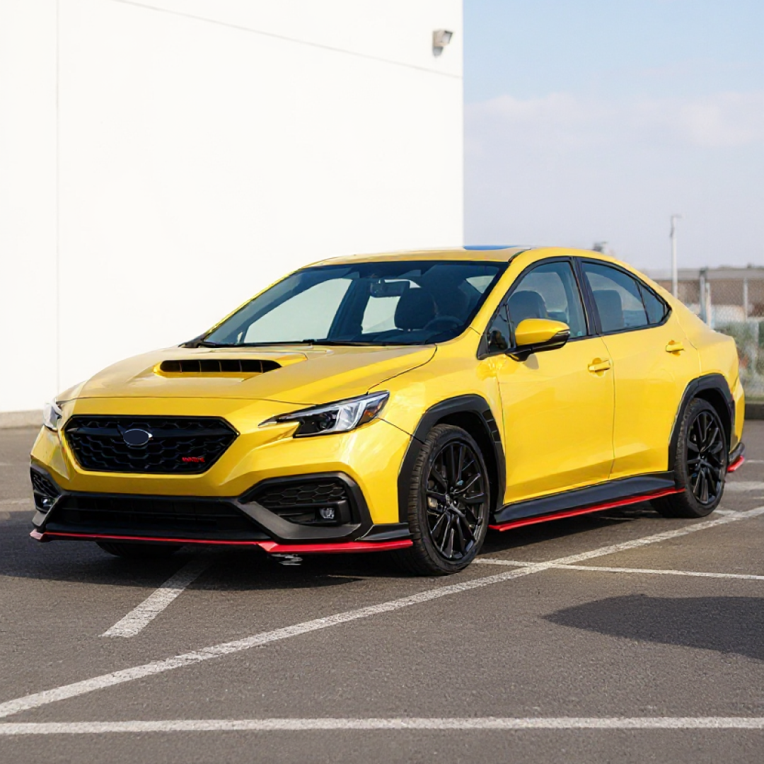 Angled front-side view of WRX VB showing side skirt splitter integration