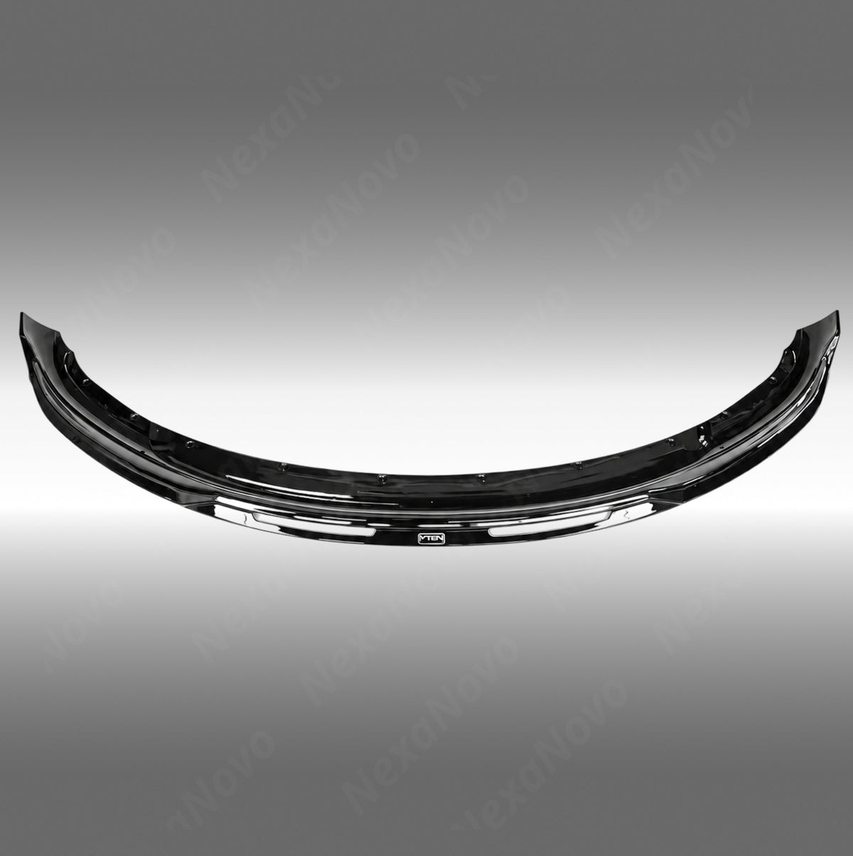 NexaNovo VTEN style 1-piece gloss black front bumper lip splitter installed on a 2017-2023 Tesla Model 3