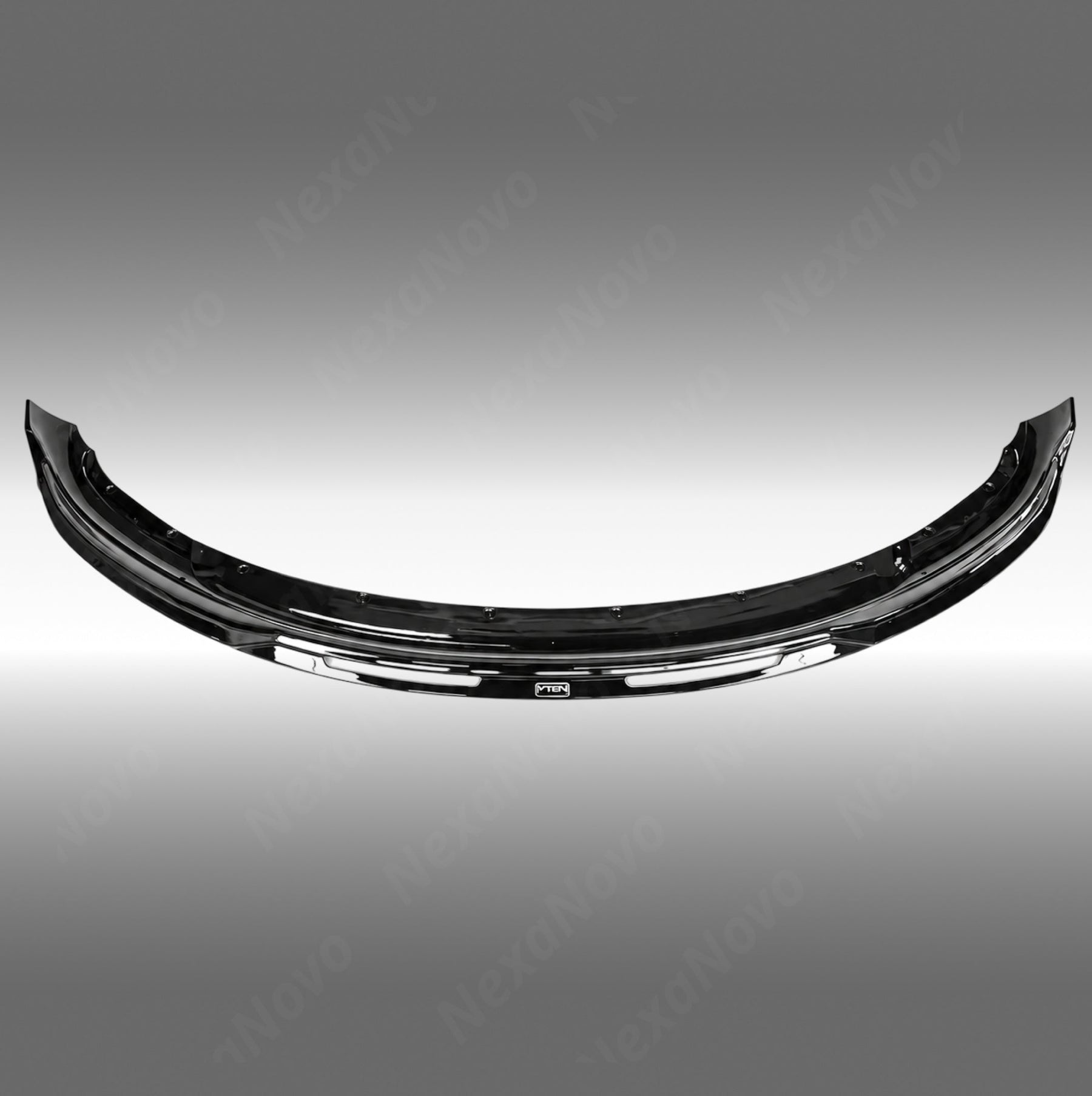 NexaNovo VTEN style 1-piece gloss black front bumper lip splitter installed on a 2017-2023 Tesla Model 3