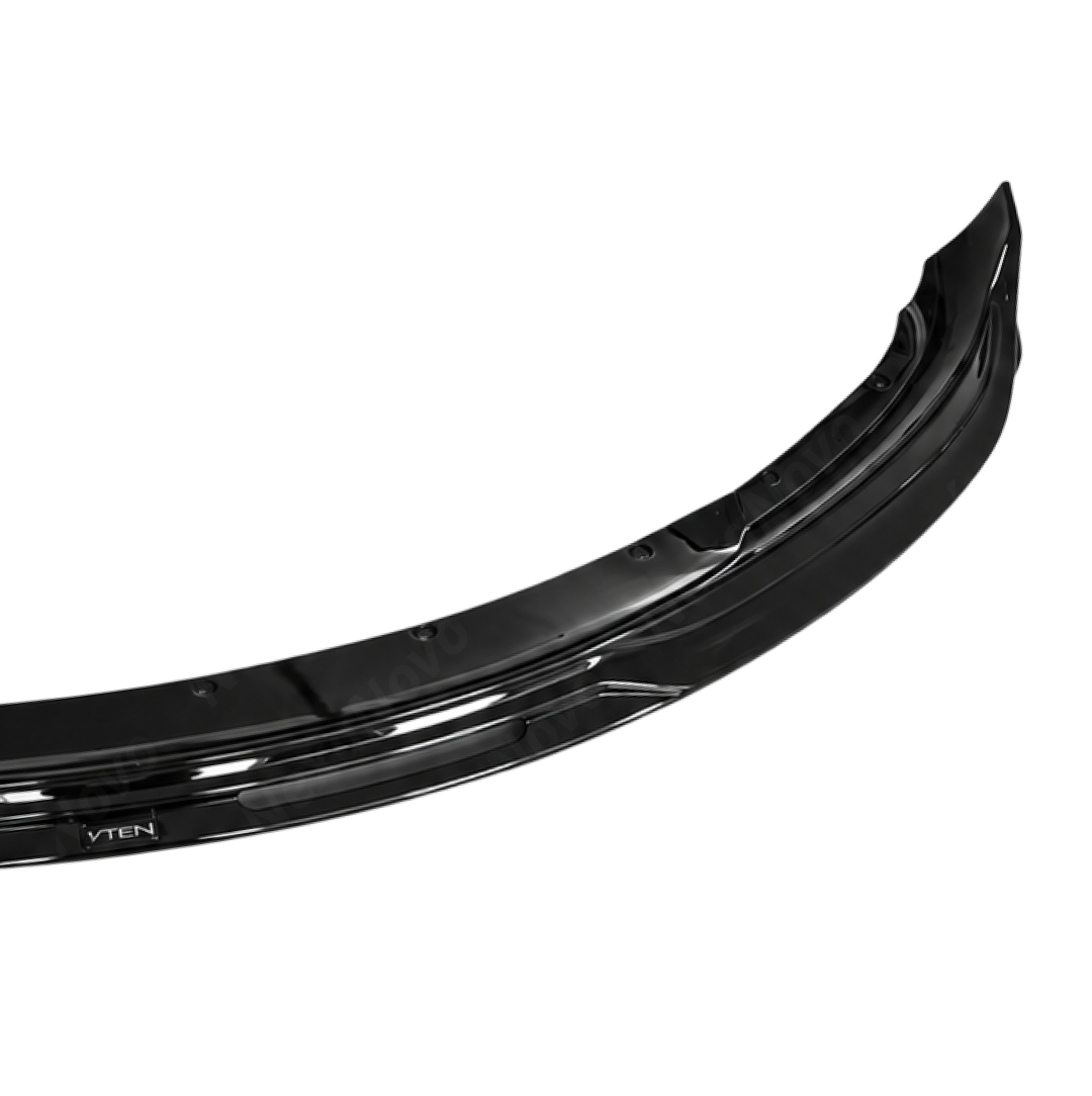 Stealth performance look of the NexaNovo VTEN gloss black 1-piece bumper lip accenting a Solid Black Tesla Model 3