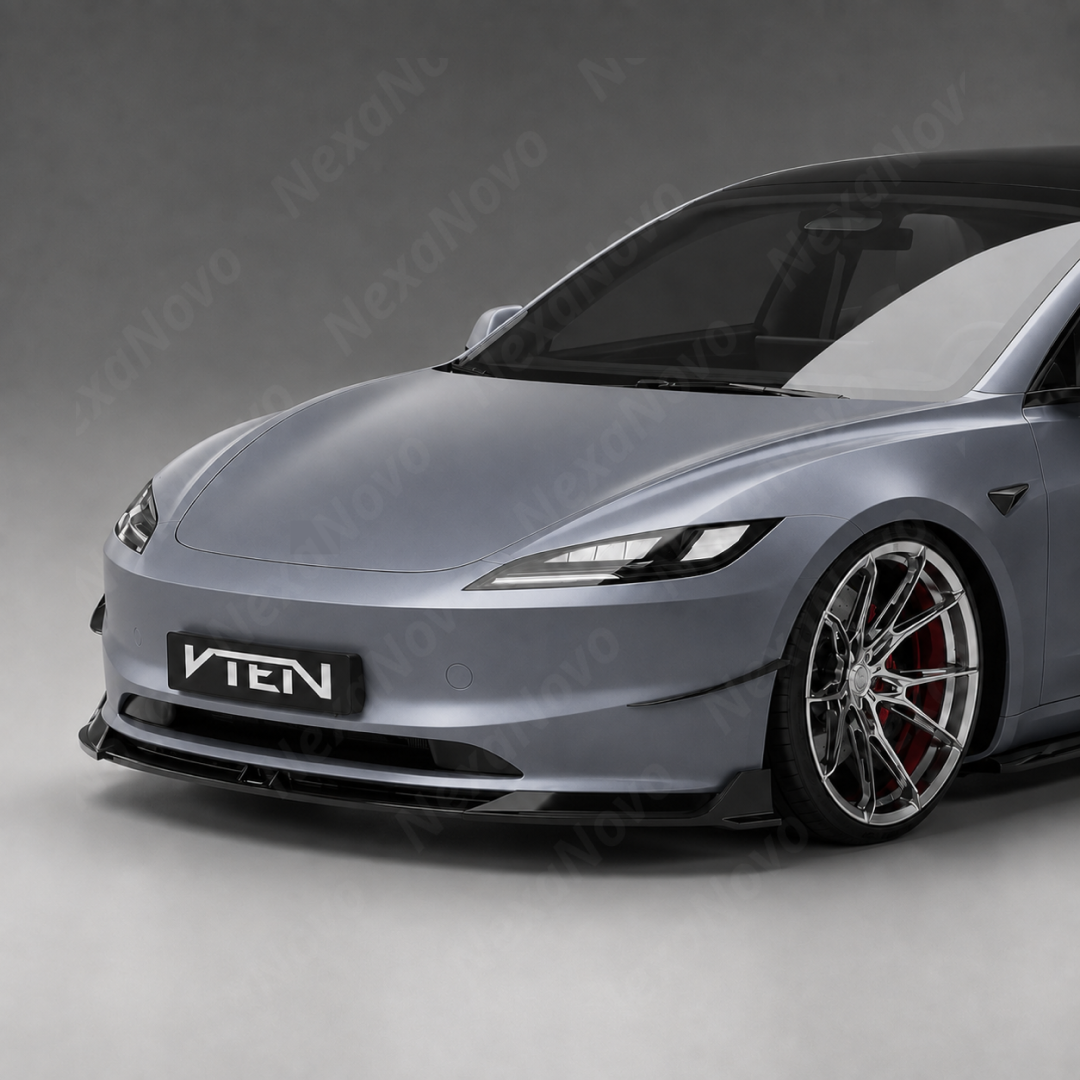 Direct front-facing view highlighting the seamless 1-piece low-profile stance of the NexaNovo VTEN front lip on the redesigned Model 3