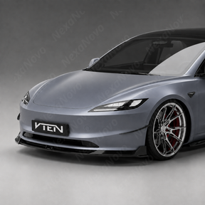 Direct front-facing view highlighting the seamless 1-piece low-profile stance of the NexaNovo VTEN front lip on the redesigned Model 3