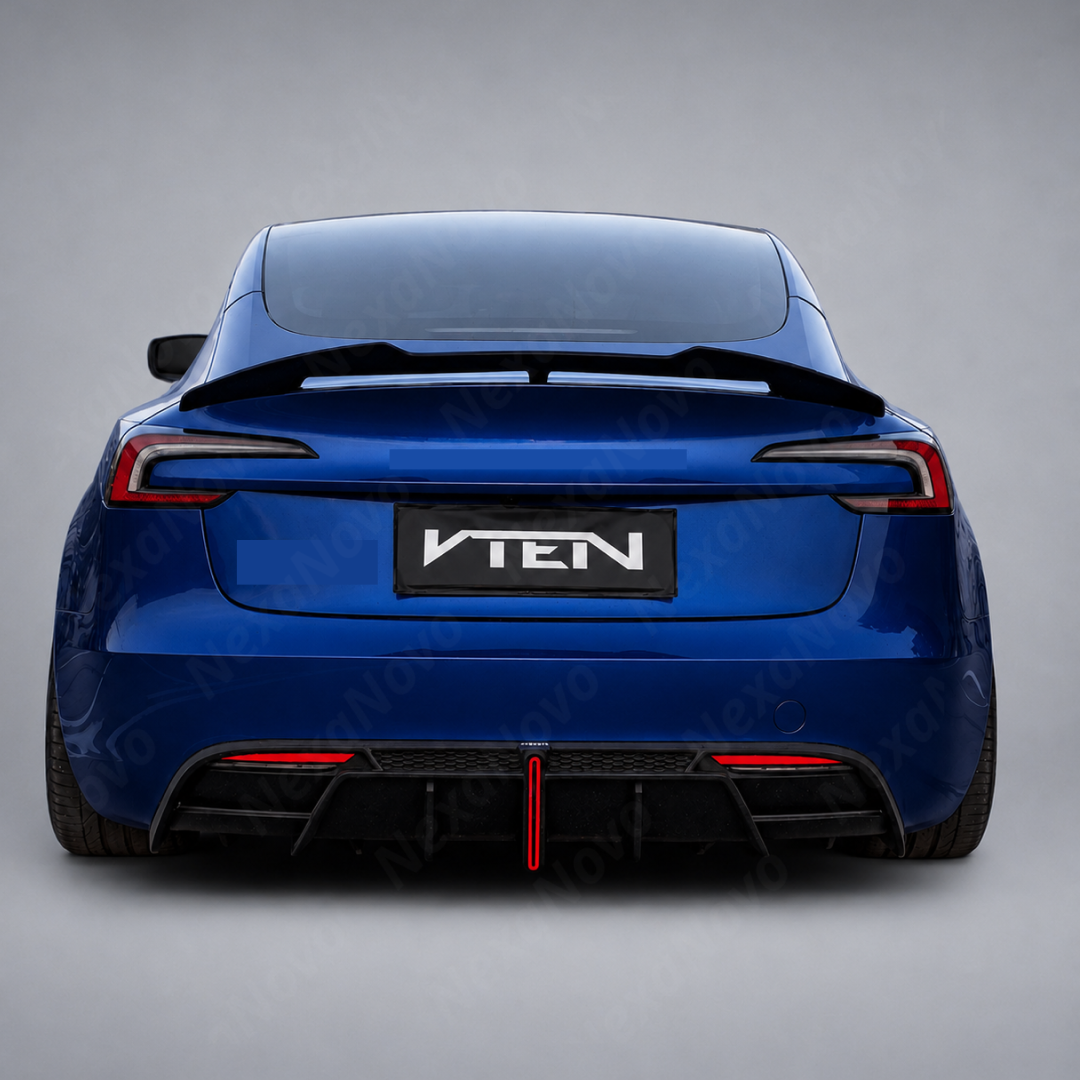 Direct rear view highlighting the performance ducktail kick-up of the NexaNovo VTEN spoiler on the redesigned Model 3 trunk lid