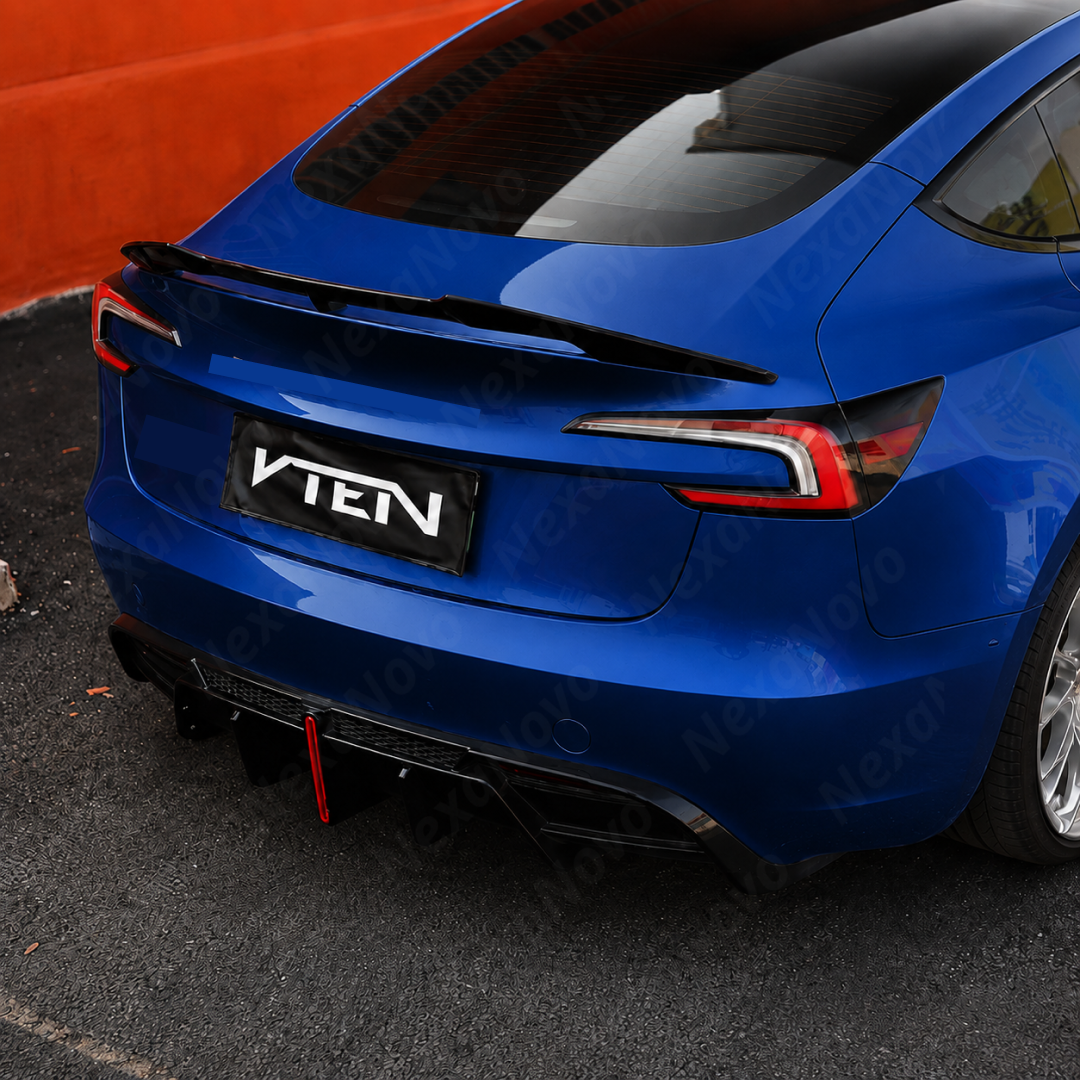 Detailed close-up of the mirror-finish gloss black clear coat on the NexaNovo trunk spoiler