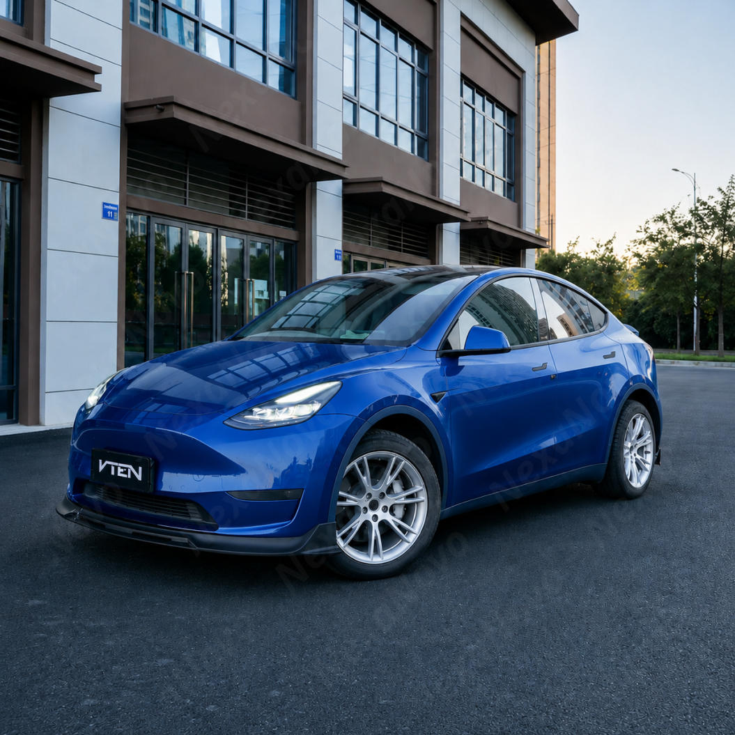 Direct front-facing view highlighting the aggressive low-profile stance of the NexaNovo VTEN front lip on the Model Y
