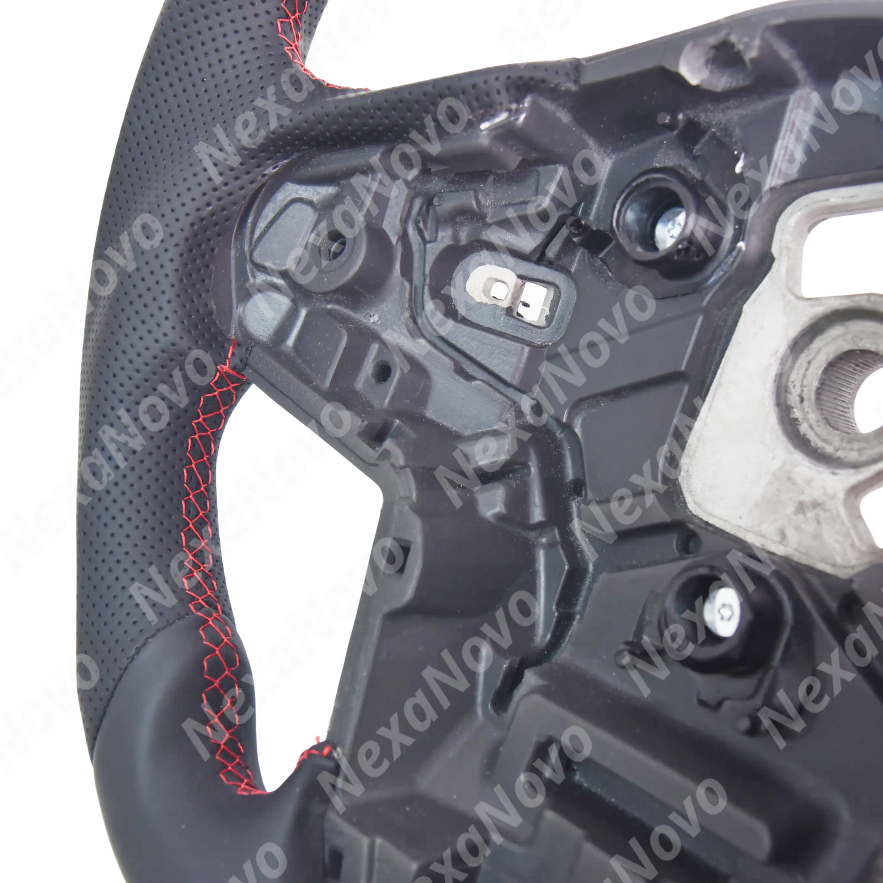 Direct front view showcasing the D-cut flat-bottom racing contour and red 12 o'clock center marker in the Supra cabin