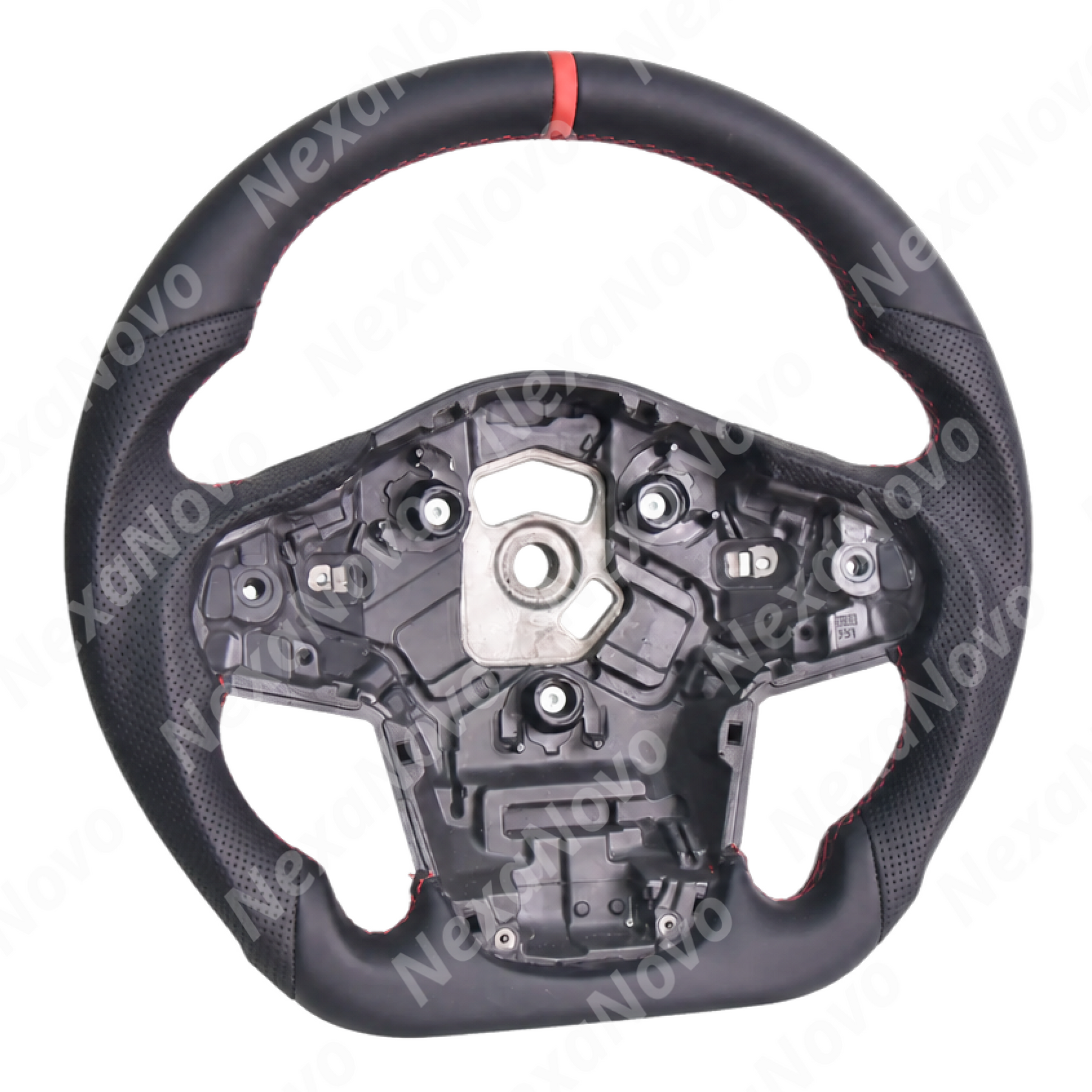Driver seat view highlighting the motorsport-inspired steering wheel profile and digital gauge cluster