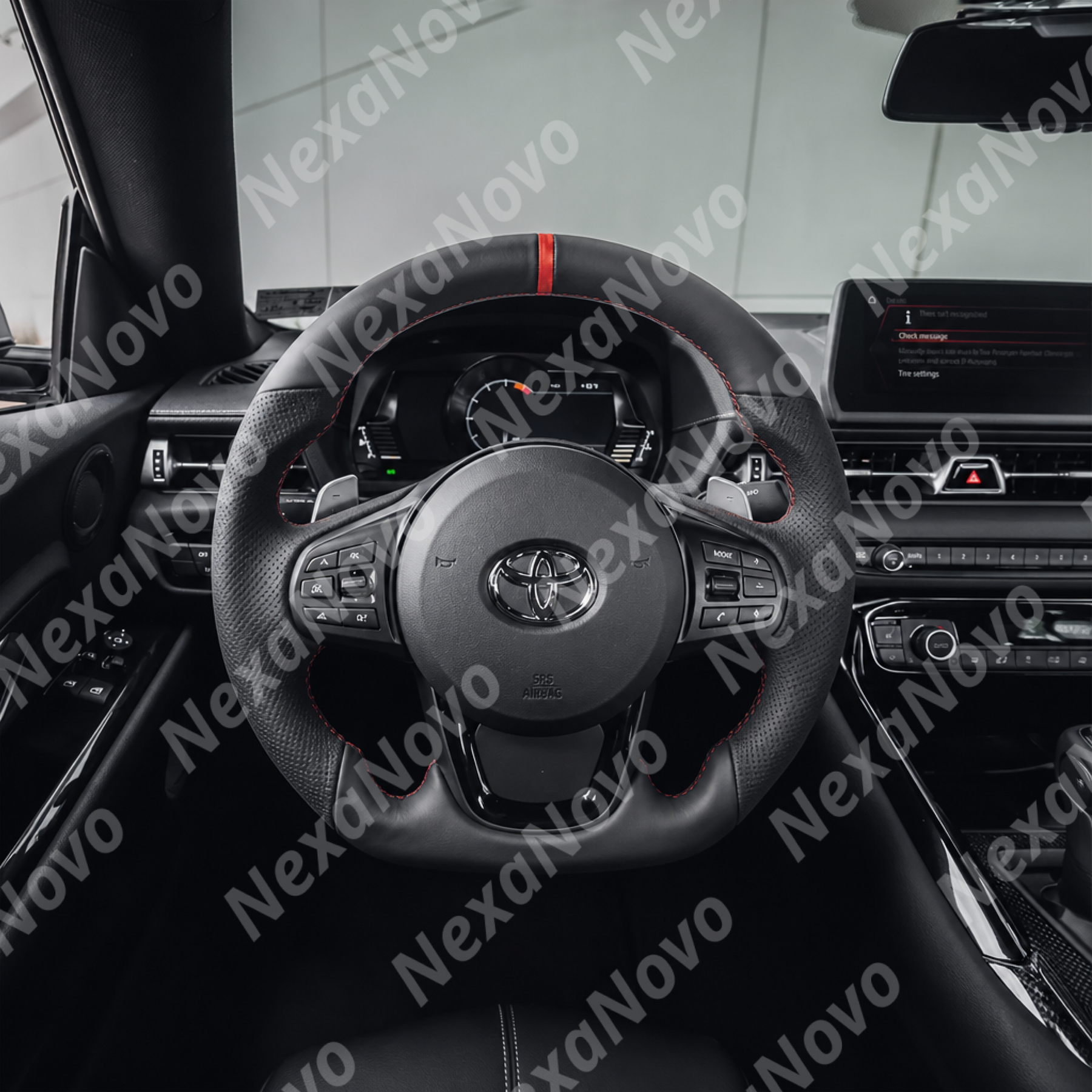 Side angle perspective highlighting compatibility with factory paddle shifters behind the thickened leather grip