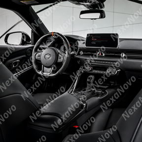 Standalone view of the uninstalled gloss carbon fiber and perforated leather steering wheel core