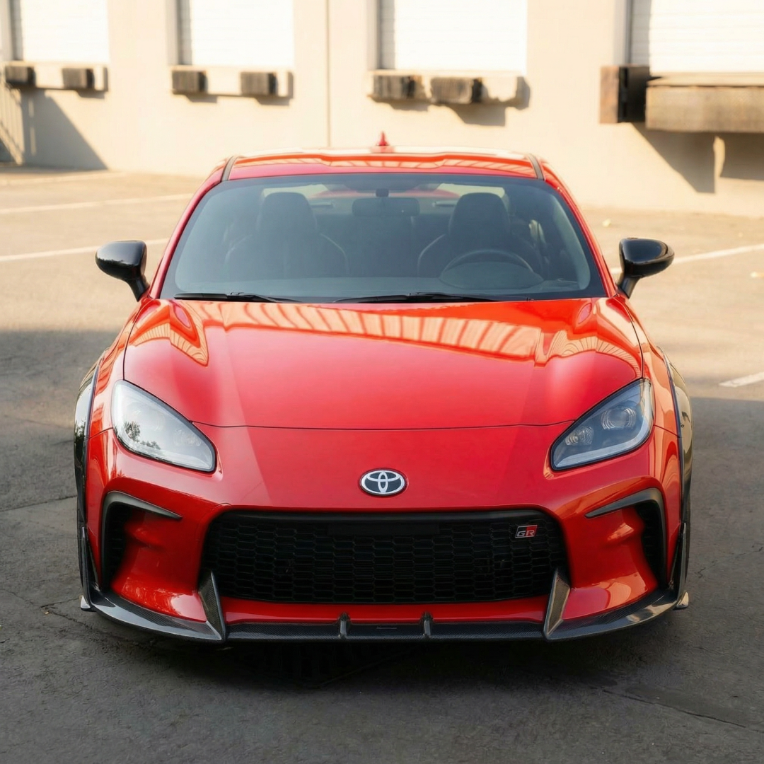 Close-up of the premium NexaNovo 3K twill real carbon fiber weave on the Toyota GR86 front lip