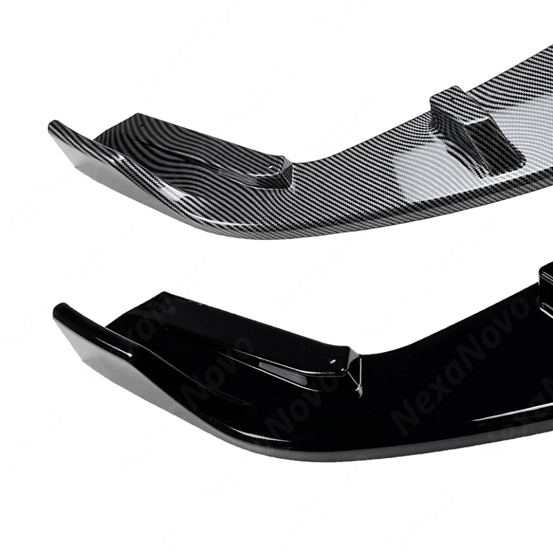Visual comparison between gloss black and carbon print GT-style rear bumper diffusers.