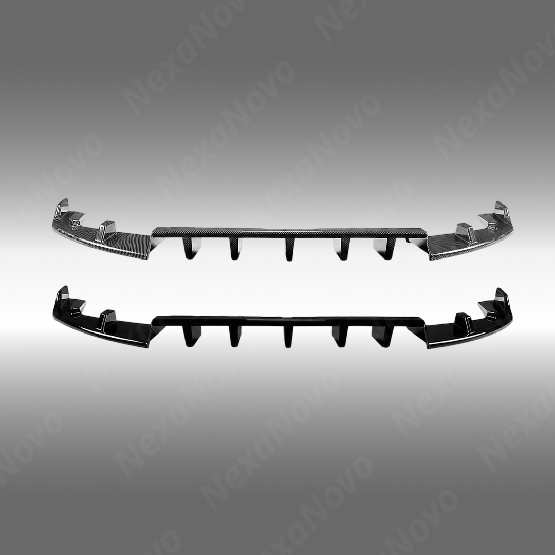 Standalone view of the uninstalled GT-style rear diffuser kits in gloss black and carbon print.