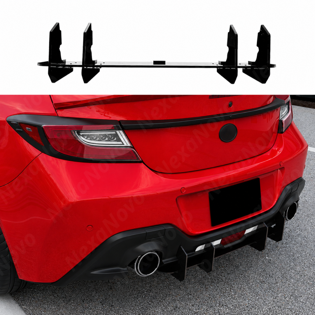 Close-up of the high-gloss shark fin vertical stabilizers on the 2024 Subaru BRZ rear bumper.