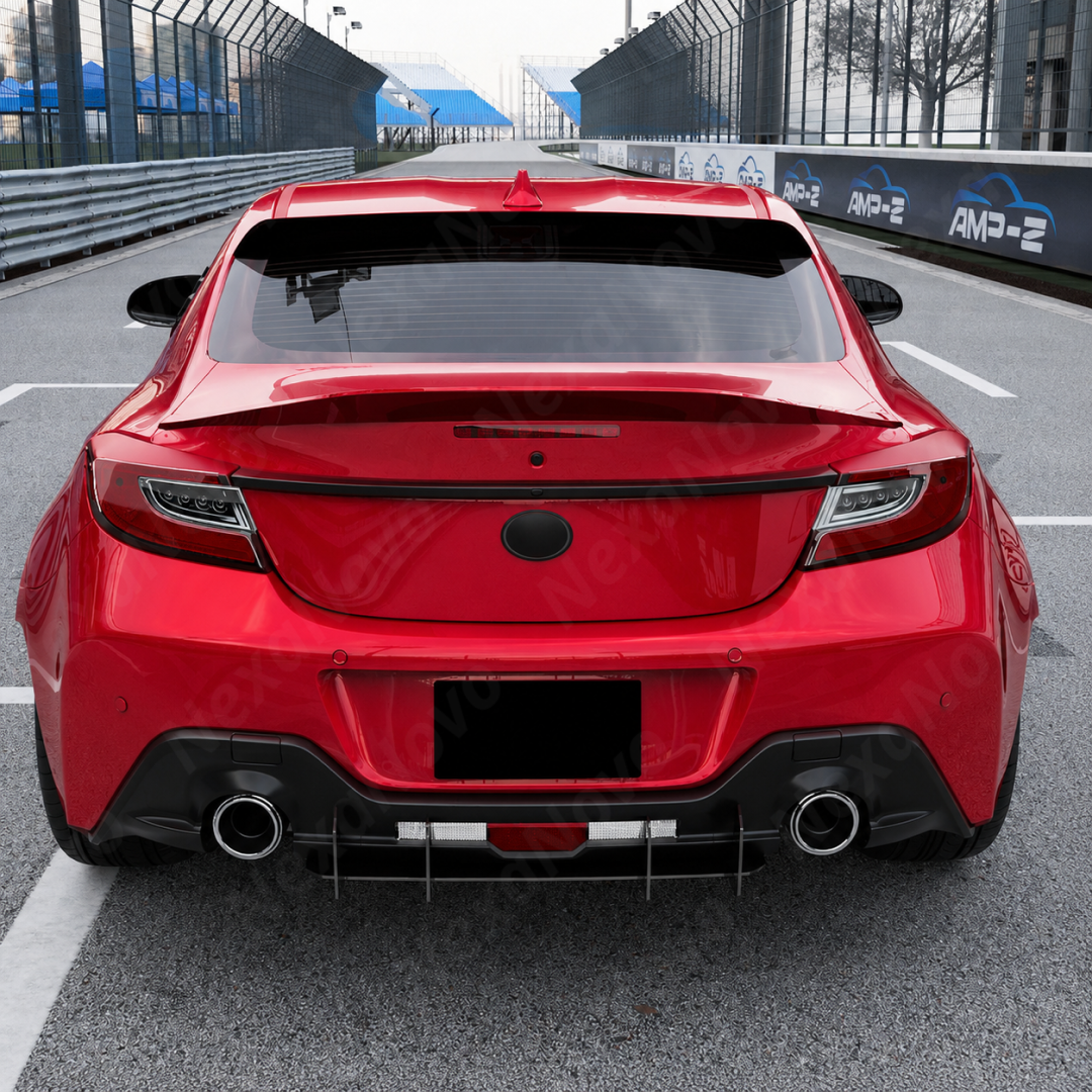 Direct rear-facing view of the aerodynamic V-style gloss black diffuser for 2022-2026 BRZ/GR86.