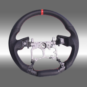 TRD style custom black leather steering wheel with top red center stripe installed in a Toyota 4Runner cabin