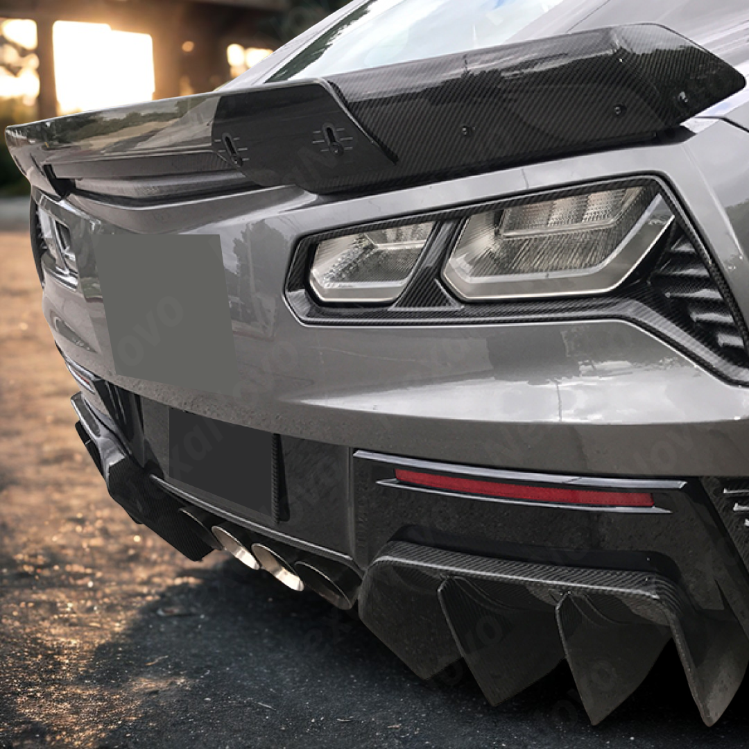 The C7 Corvette's rear enhanced by a carbon fiber print spoiler


