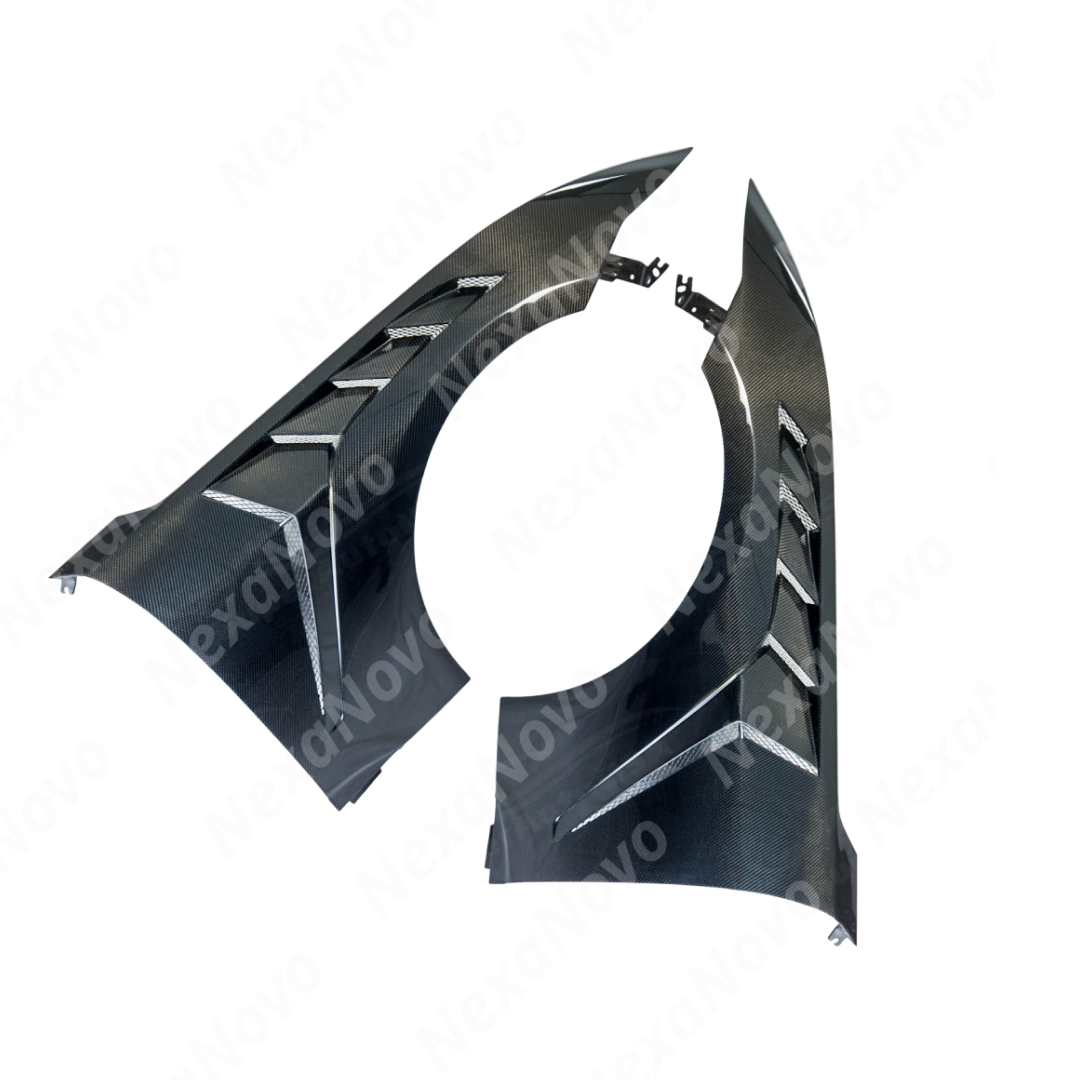 Close-up of the authentic NexaNovo 3K twill carbon fiber weave on the GTD style wide fenders