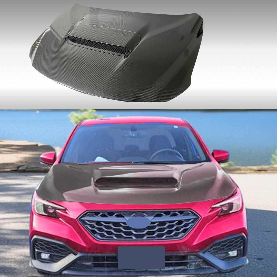 Real Carbon Fiber Front Engine Hood on Fits 2022-2024 Subaru WRX, showcasing sleek design and enhanced aerodynamics for superior performance