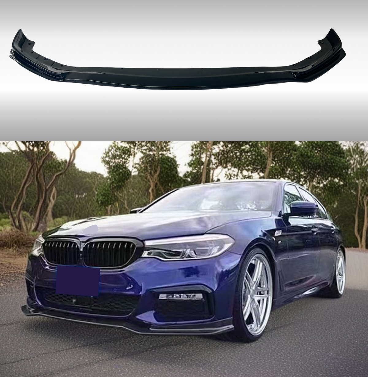 Gloss Black Front Bumper Lip Spoiler on Fit 2017-2020 BMW 5 Series G30 LCI M Sport, featuring a front spoiler lip splitter for a sophisticated, sporty look, NexaNovo.