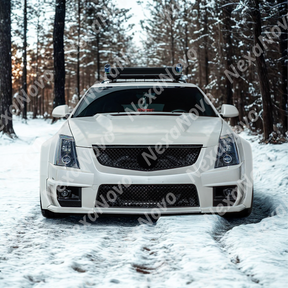 Full front view of a 2010 Cadillac CTS-V with NexaNovo carbon fiber headlight lens covers
