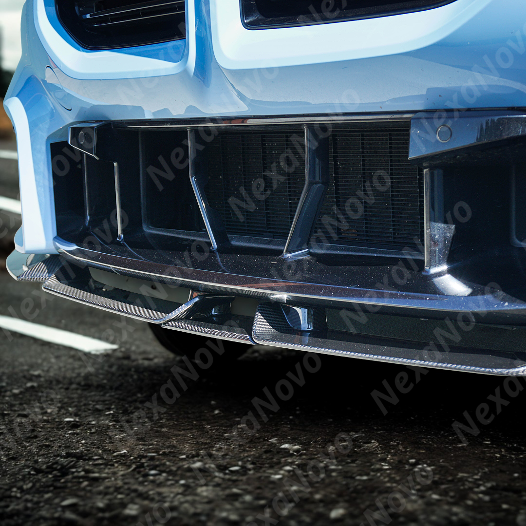 NexaNovo carbon fiber front lip integrated on a black BMW G87 M2