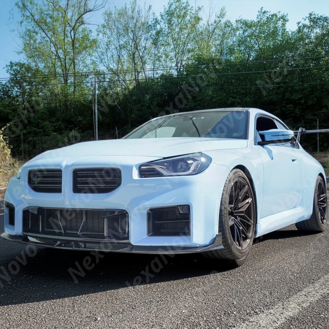 Full front view of a BMW G87 M2 with NexaNovo carbon fiber front lip