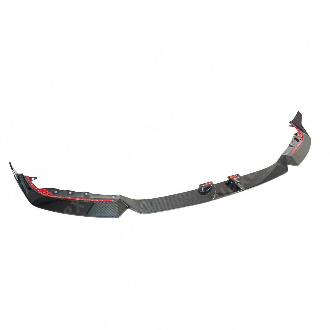 Uninstalled NexaNovo carbon fiber front lip splitter, top view
