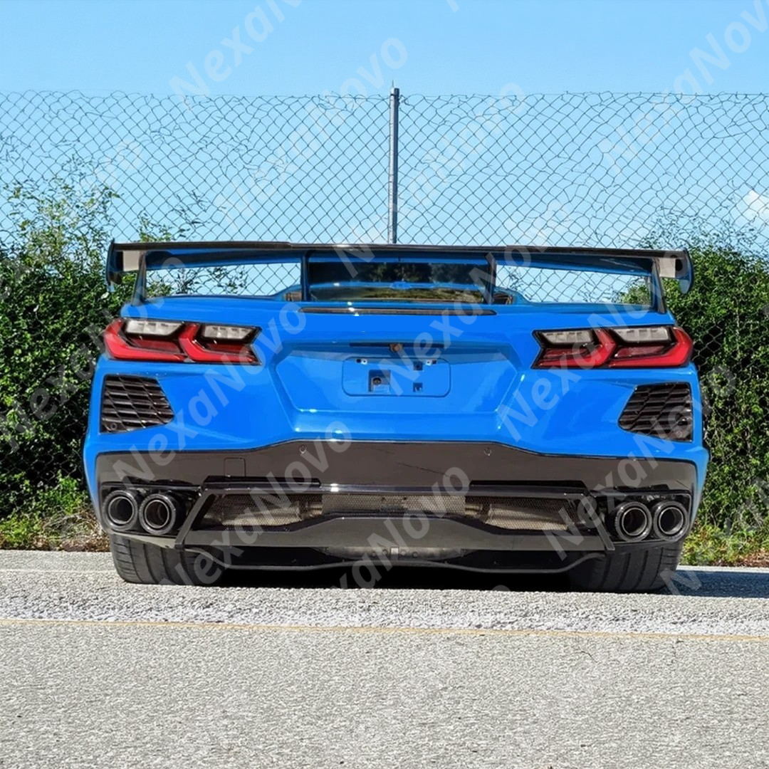 Full rear view of a 2021 Chevrolet Corvette C8 with new NexaNovo roof lip spoiler