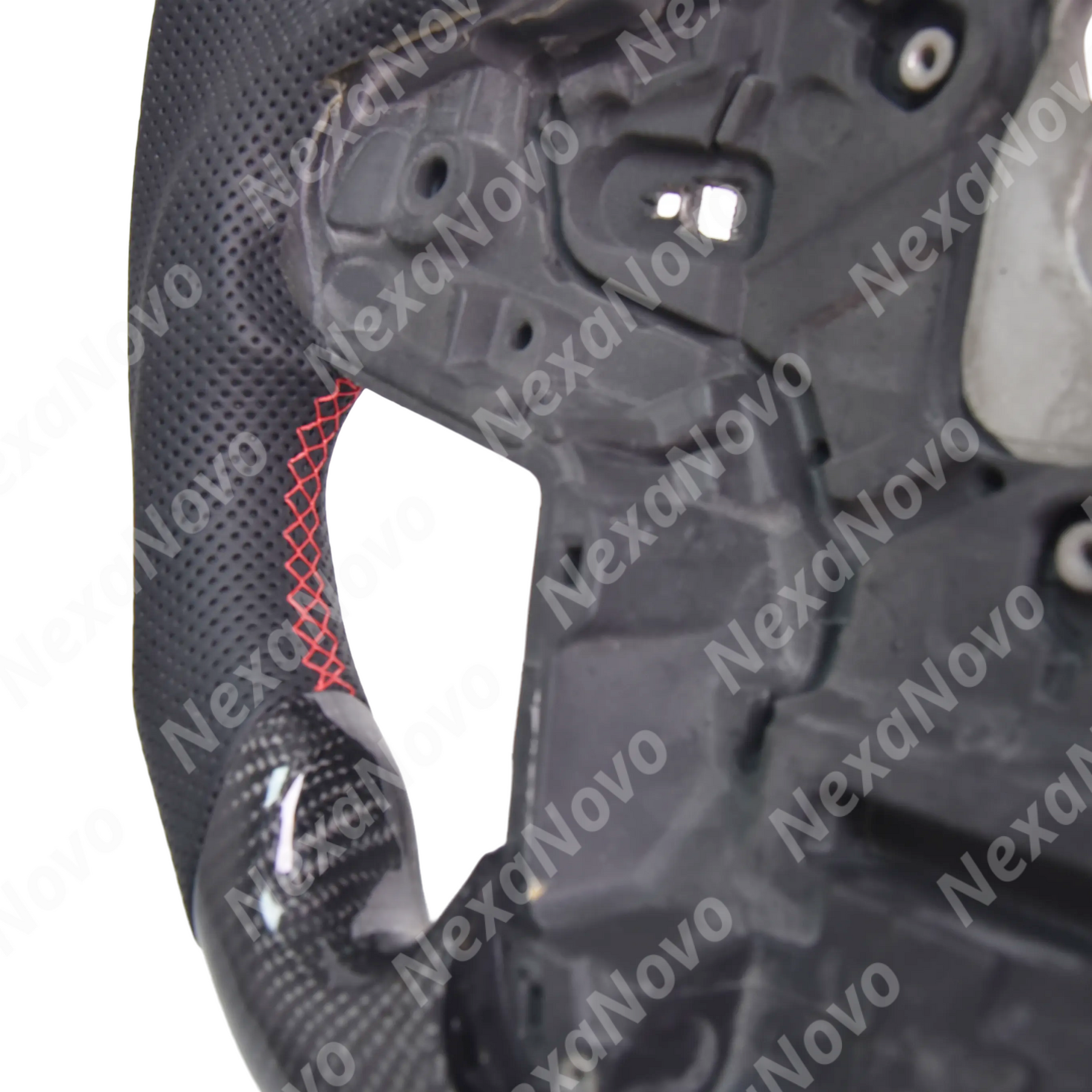 Detailed close-up of the breathable perforated leather side grip and ergonomic 10-and-2 palm swells