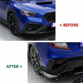 Side perspective highlighting the aerodynamic profile of the carbon print rear side splitters