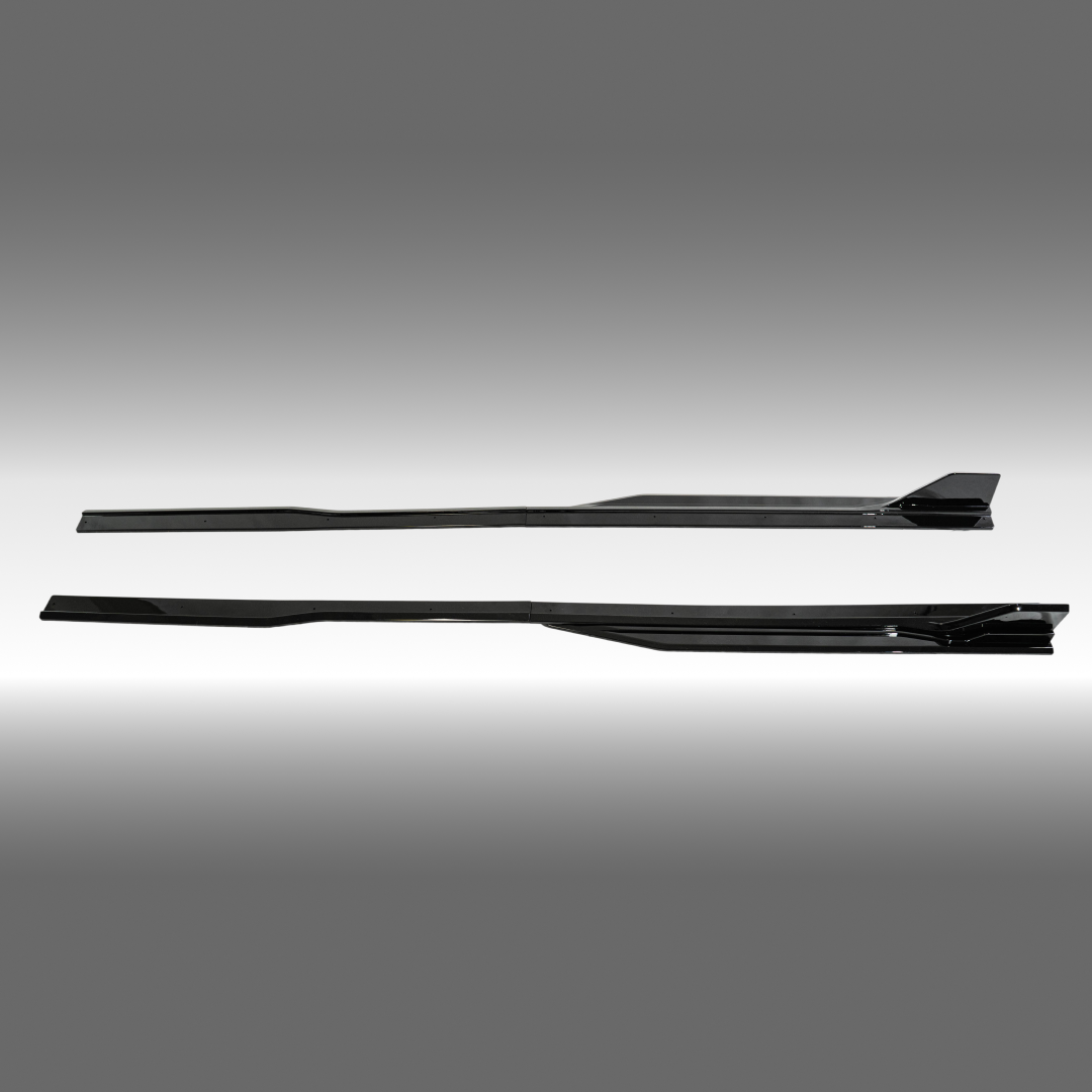 NexaNovo GT500 style gloss black body side skirt rocker panel splitters installed on a 2024 Ford Mustang S650