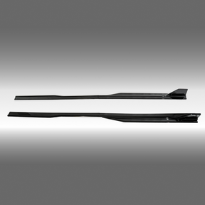 NexaNovo GT500 style gloss black body side skirt rocker panel splitters installed on a 2024 Ford Mustang S650