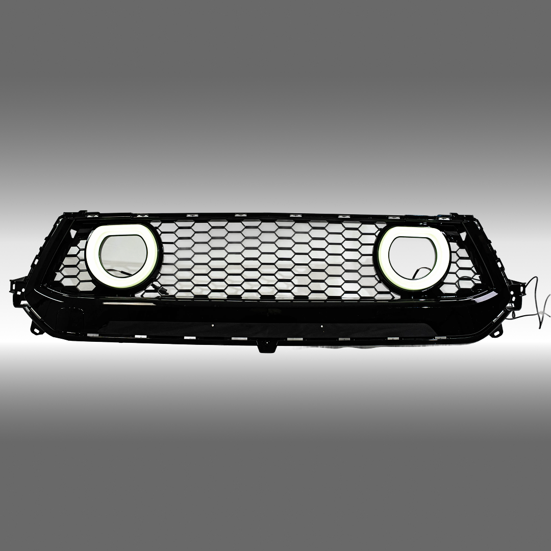 NexaNovo white LED halo rim gloss black front bumper grill installed on a 2024 Ford Mustang S650